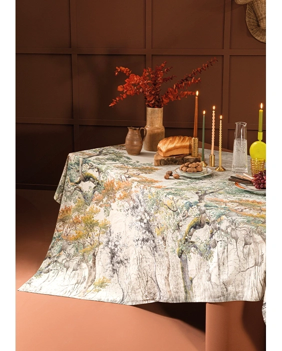 Set your table with the Bois De Mystere Parchemin Tablecloth, now 50% off in a cotton-linen blend.